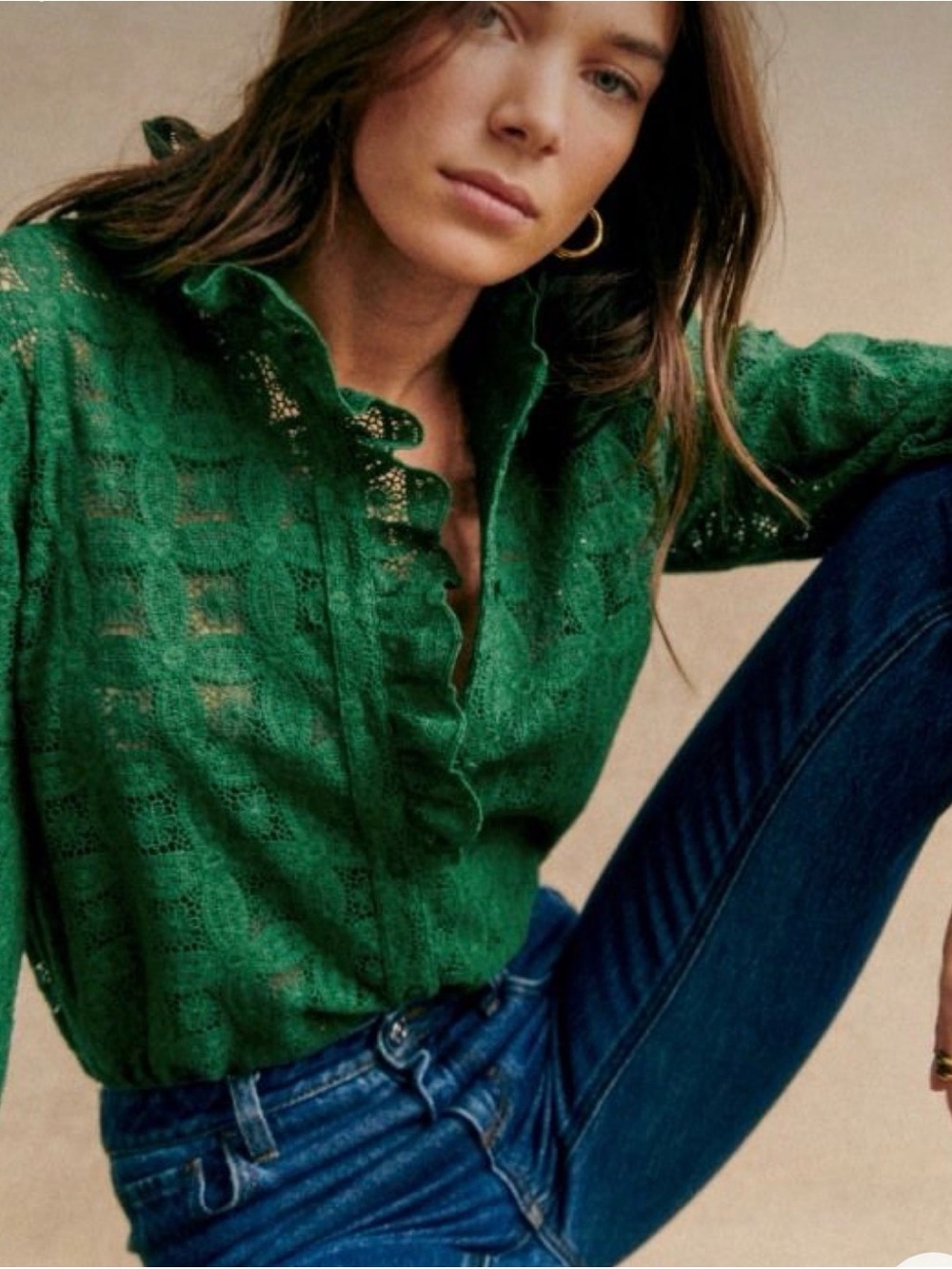 Sezane Chlo shirt in Green Guipure lace